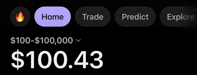 A crypto trading app interface shows a portfolio balance of $100.43 with navigation tabs for Home, Trade, Predict, and Explore, alongside a $100–$100,000 range selector. The image appears to support a post promising to fund aspiring memecoin traders, with the modest starting balance highlighting the potential for growth the poster is offering to help achieve.