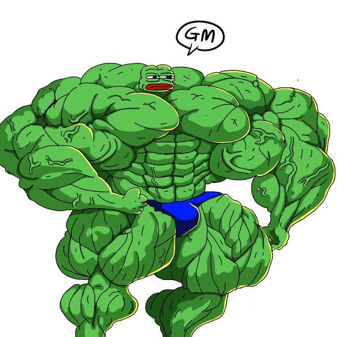 The image features a muscular green frog, which appears to be a cartoon character or a muscle man, with a caption that reads "gm". This suggests that the image might be related to a comic strip or an advertisement featuring the muscle man as the main subject. The caption also mentions that the muscle man is called "Average Pepecoin Hodler", indicating that he could be a fictional character created for comic purposes or possibly a real-life person with a unique name and appearance.