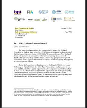 The image shows the first page of an August 19, 2025 letter from the Basel Committee on Banking Supervision to a G20 Presidency representative, addressed to Václav Smolka, regarding consultations 2 on the Basel III crypto-asset standard. The accompanying "XRP BIS" post likely relates to concerns about XRP's potential classification under the updated Basel framework for cryptocurrencies.