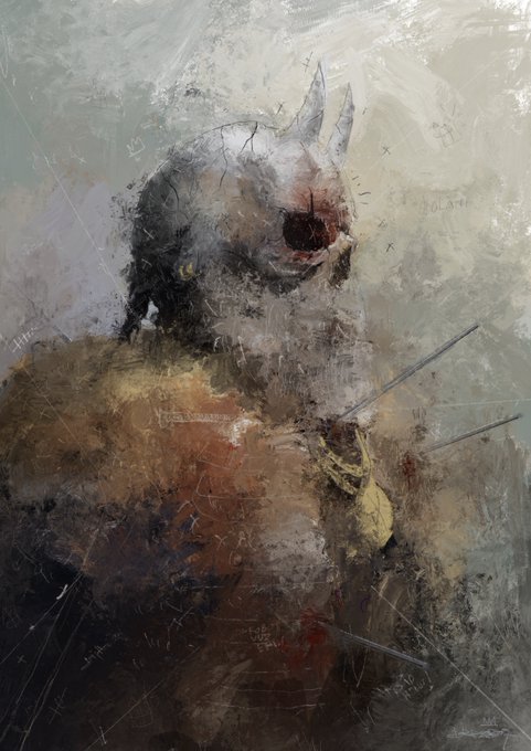 A dark, gritty painting depicting a figure wearing a horned or pointed helmet with a menacing red-eyed face, rendered in textured, abstract brushstrokes.