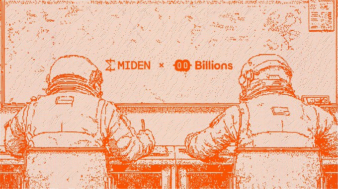 The image features two people wearing astronaut suits sitting at a desk, with one person's head positioned above the other's. They are both writing or drawing something on paper placed between them. The background of the image shows an orange-colored chalkboard filled with text and drawings. Below the chalkboard is a caption that reads "Miden + Billions collaborating honestly felt inevitable to me. Their design philosophies line up way too well. As on-chain identity requirements mature, that old forced choice privacy or compliance is starting to fade. And I'm noticing it more clearly now."