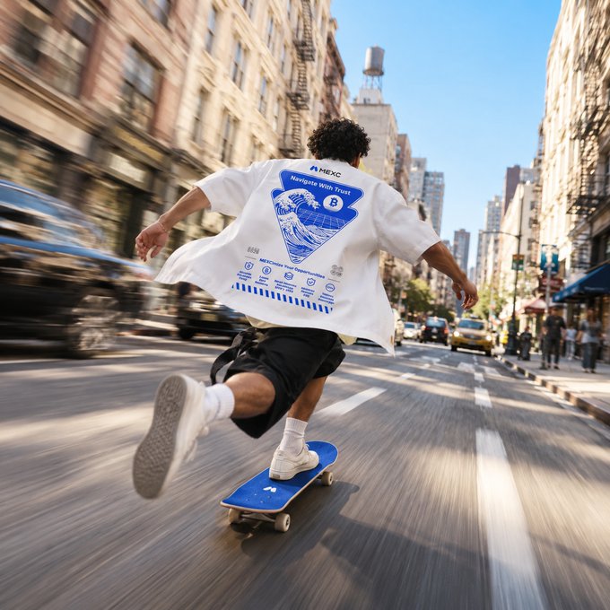 A young man with curly hair skates through a bustling city street on a blue skateboard, wearing an oversized white MEXC t-shirt emblazoned with "Navigate With Trust" and a wave graphic, capturing the brand's "move fast, trust the journey" ethos in motion.