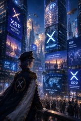 A futuristic cityscape filled with towering screens displaying the "XRP" logo and ticker, viewed from behind by a uniformed figure with an "X" insignia on his back, symbolizing the disciplined and unified "XRP Army" rallying around the cryptocurrency.