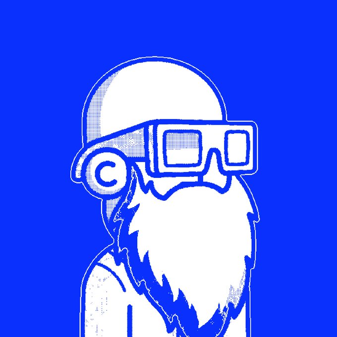 A stylized blue and white pixel-art illustration of a bearded figure wearing a helmet and VR goggles.