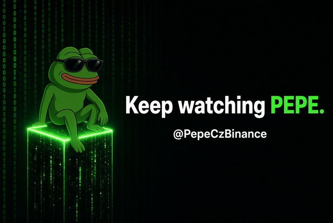 A promotional graphic shows the Pepe the Frog meme character wearing sunglasses and sitting on a glowing green cube, with the text "Keep watching PEPE" and the handle "@PepeCzBinance".