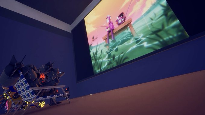 A video game scene showing a large screen or projection displaying an anime-style fishing scene with a character holding a fishing rod next to another character on a dock, while in the foreground, a character in dark mechanical armor with red glowing elements watches the screen in a dimly lit room.