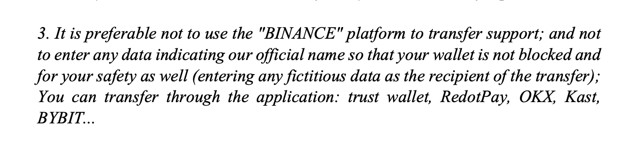 An italicized instruction advising donors to avoid using "BINANCE" and instead use alternative apps like Trust Wallet, RedotPay, OKX, Kast, or BYBIT, while entering fictitious recipient data for safety. The text directly supports the post's point about bad actors avoiding Binance due to its strict compliance and traceability capabilities.