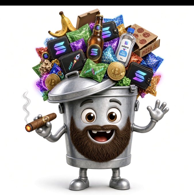 A cartoonish metal trash can character with a brown beard holds a lit cigar, filled with various items including Solana (SOL) logos, Bitcoin coins, pizza, beer, and a water bottle.