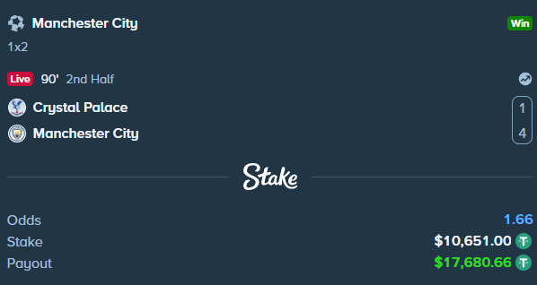 The image shows a Stake.com betting slip where the user wagered $10,651.00 on Manchester City to win against Crystal Palace at 1.66 odds, with the bet currently winning live at 90' in the 2nd half (Crystal Palace 1, Manchester City 4) for a payout of $17,680.66. The post highlights this as a free win the user is tipping out, encouraging followers to like, repost, and include their Stake username or USDT address.