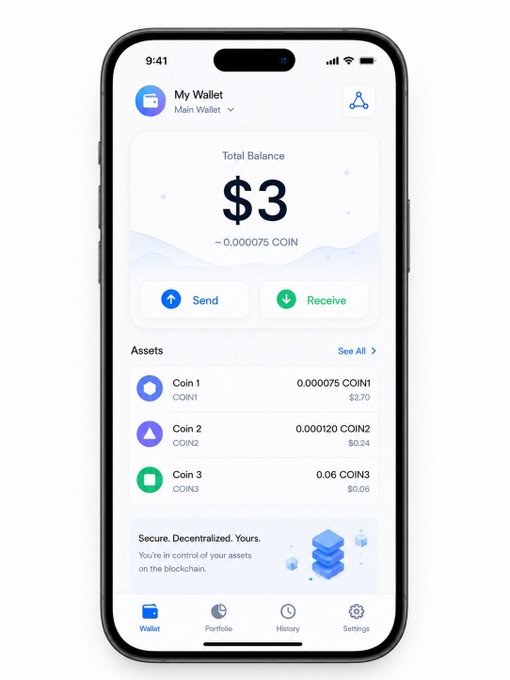 A smartphone displaying a crypto wallet app called "My Wallet" with a total balance of $3 (~0.000075 COIN), showing assets Coin 1, Coin 2, and Coin 3 with Send/Receive options.