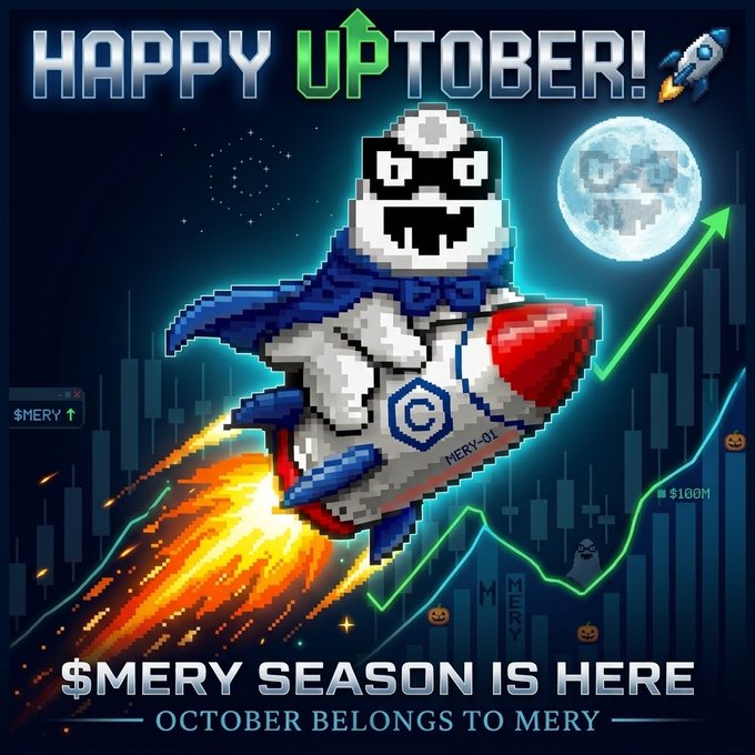 Pixel art promotional image reading 'HAPPY UPTOBER!' and '$MERY SEASON IS HERE - OCTOBER BELONGS TO MERY', depicting a masked character riding a rocket with a $MERY token, set against a starry background with a moon and a rising green chart.