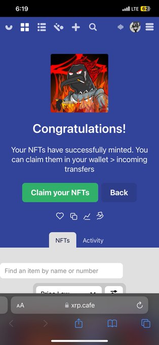 Mobile screenshot from xrp.cafe showing 'Congratulations! Your NFTs have successfully minted' with a 'Claim your NFTs' button and an NFT illustration.