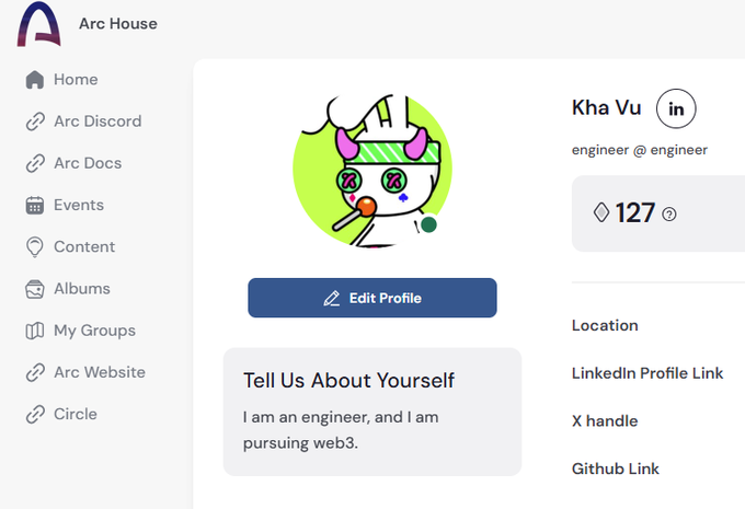In this image, there is a screenshot of an Arc website's interface with a social media profile page prominently displayed at the top. On the right side of the interface, there are several buttons including one labeled "Tell Us About Yourself" that allows users to share information about themselves. The bottom part of the screen shows a list of followers and shares.