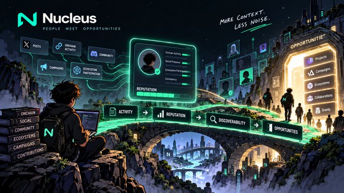 A digital illustration shows a hooded figure on a laptop overlooking a glowing cyber-bridge pathway labeled with "ACTIVITY → REPUTATION → DISCOVERABILITY → OPPORTUNITIES," featuring the Nucleus ("N") logo and tagline "PEOPLE MEET OPPORTUNITIES," alongside floating panels for "Onchain Activity," "Social Presence," "Ecosystem Participation," and "Community." The tagline "More context. Less noise." appears at the top, visually reinforcing the post's message that Nucleus looks beyond surface-level visibility to match people with Web3 opportunities based on onchain activity.