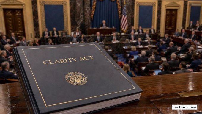 An image of a 'CLARITY ACT' document on a desk in the foreground, with a legislative chamber in session visible in the background, credited to 'The Crypto Times'.