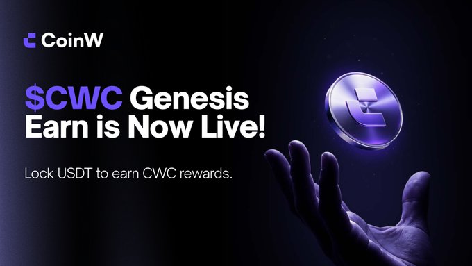 A promotional banner for CoinW announcing '$CWC Genesis Earn is Now Live!' with text 'Lock USDT to earn CWC rewards' alongside a purple coin graphic held in a hand.