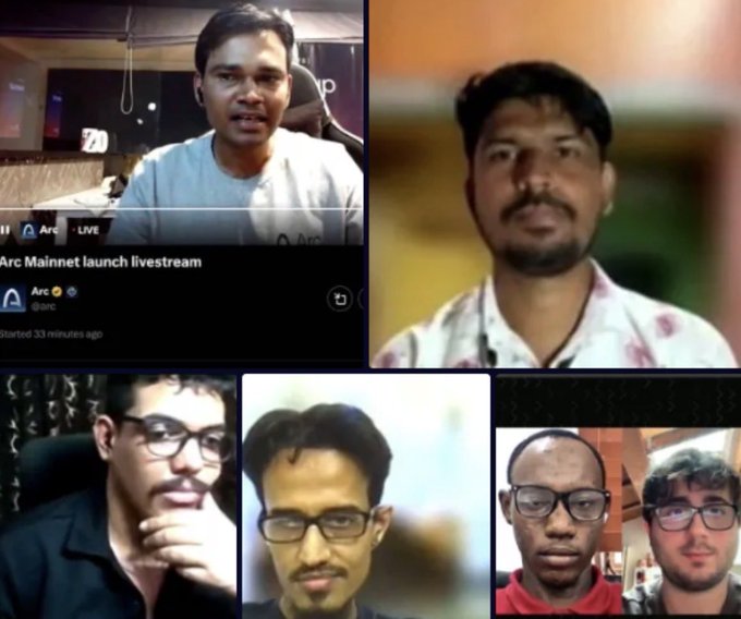 A livestream titled "Arc Mainnet launch livestream" by Arc (@arc) is shown in the upper-left, featuring one presenter, alongside several other webcam views of participants watching or reacting to the broadcast. The image relates to the post's commentary on societal bias against certain blockchain projects, depicting the launch of Arc—a built-out, legitimate blockchain network—being broadcast to an audience, illustrating how communities engage with and sometimes unfairly dismiss proven tech.