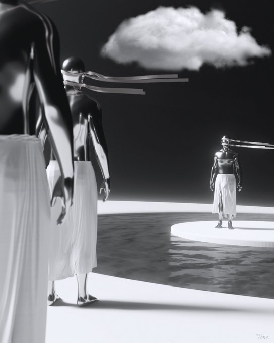 Glossy metallic mannequins wearing flowing white skirts stand on minimalist platforms beneath a lone cloud, with the signature "Temi" visible in the corner—evoking the surreal, dreamlike "Parallel Existence" NFT being auctioned on transient.xyz.