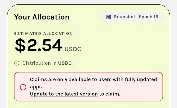 A user interface displaying a "Your Allocation" panel shows an estimated allocation of $2.54 USDC for Snapshot · Epoch 19, with a warning that claims require an app update. The screenshot visually emphasizes the low payout referenced in the caption, where the user mocks earning only $2.54 USDC after running a Grass Network node for 500+ days.