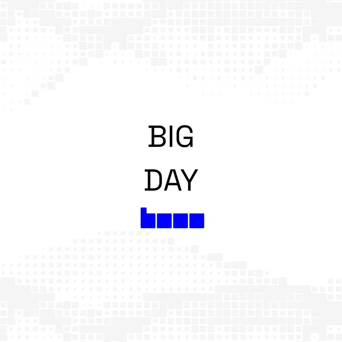 A minimalist gray background with pixelated patterns displaying the text 'BIG DAY' in black with a blue graphic underneath.