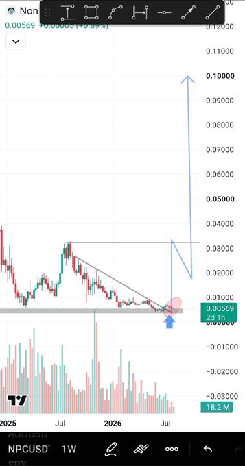 A trading chart for NPCUSD shows a weekly candlestick pattern currently at $0.00569, with technical annotations including a descending trendline breakout marked by a blue arrow and a projected upward path toward $0.10, visually supporting the post's bullish thesis of an imminent new all-time high.