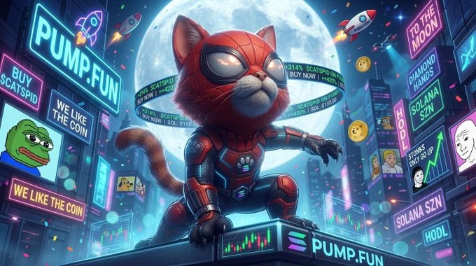 An AI-generated image of a red cat in a Spider-Man suit on a rooftop with neon signs for crypto tokens including "PUMP.FUN", "SCATSPID", "WE LIKE THE COIN", "TO THE MOON", "DIAMOND HANDS", "SOLANA SZN", and "HODL".