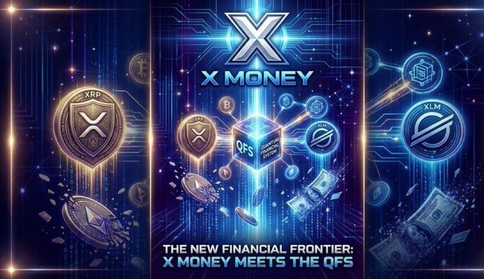 A promotional graphic for "X MONEY" with the tagline "THE NEW FINANCIAL FRONTIER: X MONEY MEETS THE QFS," featuring coins for XRP, XLM, QFS, and a dollar bill in a digital, cyber-themed composition.