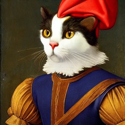 A classical Renaissance-style portrait painting of a black and white cat wearing a red beret and an elaborate blue and gold Renaissance garment.