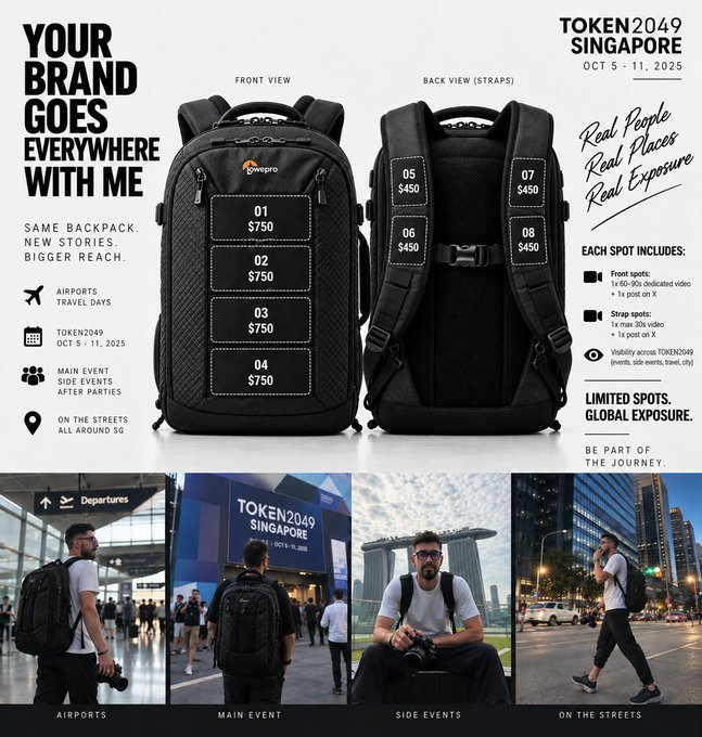 A promotional advertisement for "TOKEN2049 SINGAPORE OCT 5-11, 2025" featuring a Lowepro backpack with numbered sponsorship slots priced at $450–$750. The ad highlights spots including airports, travel days, main event side events, and on-the-streets exposure around Singapore.