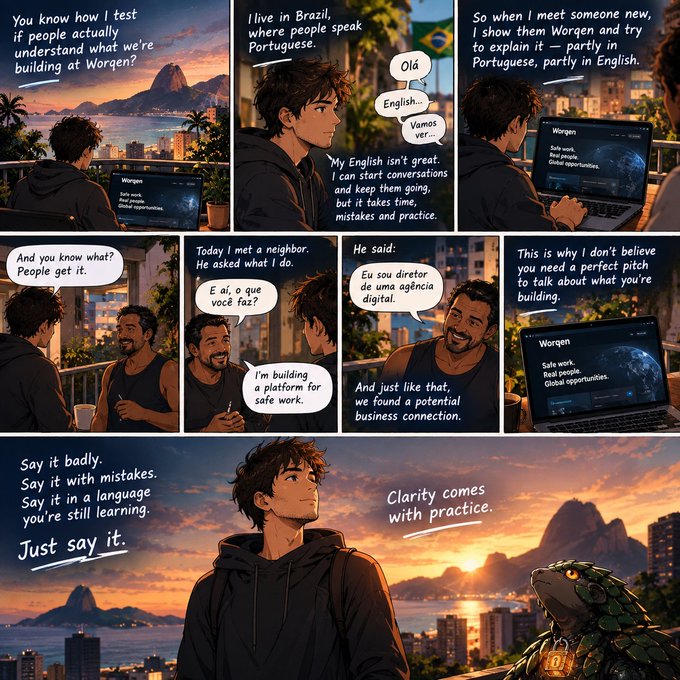 An illustrated comic-style graphic depicts a character explaining Worgen, a platform for "Safe work, Real people, Global opportunities," while practicing Portuguese with a neighbor in Brazil.