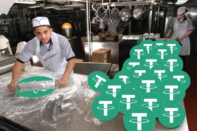 A composite image showing a chef in a BITFINEX-branded uniform rolling dough in a kitchen, surrounded by numerous green Tether (USDT) cryptocurrency logos overlaid on the scene.