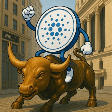 A cartoon mascot character representing the Cardano blockchain rides a bronze Wall Street bull, with a "WALL ST" street sign visible in the background, symbolizing Cardano's push toward meeting SEC requirements for a spot ADA ETF following six months of CME futures trading.