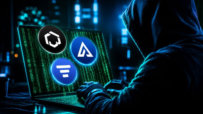 A hooded figure sits at a laptop with cryptocurrency logos (Polygon, Aave, and another token) displayed on the screen against a green matrix-style code background.