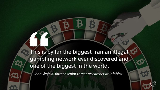 A quote attributed to John Wojcik describes the discovery as "by far the biggest Iranian illegal gambling network ever discovered and one of the biggest in the world," set against an illustration of a roulette wheel featuring Bitcoin symbols. The image visually ties to the accompanying article by Reuters, which links Iranian gambling networks, the country's central bank, and sanctioned entities to cryptocurrency platforms like Binance through a money-moving operation.