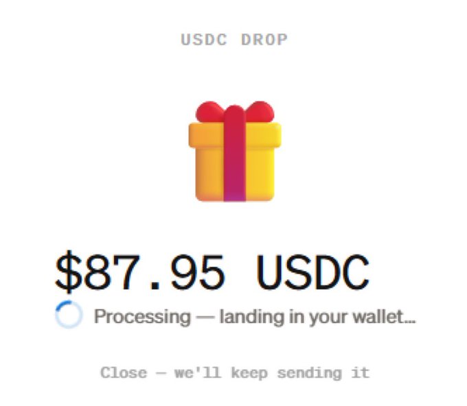 The image shows a "USDC DROP" notification displaying a $87.95 USDC reward being processed to the user's wallet, accompanied by a gift box emoji. It visually confirms the payout from the paybox.sh promotion described in the post, which rewards users for connecting their ChatGPT accounts.