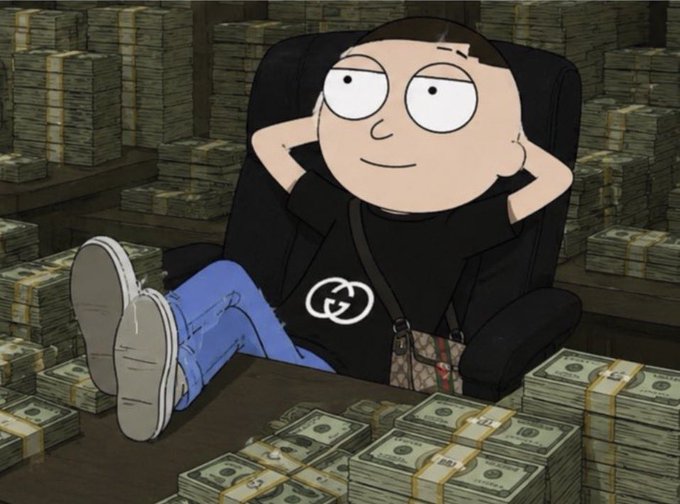 A cartoon character wearing a Gucci shirt and designer crossbody bag reclines casually in an armchair with feet propped up, surrounded by massive stacks of bundled cash on every surface. The image humorously illustrates the post's message about the luxurious feeling of owning Solana ($SOL) cryptocurrency.