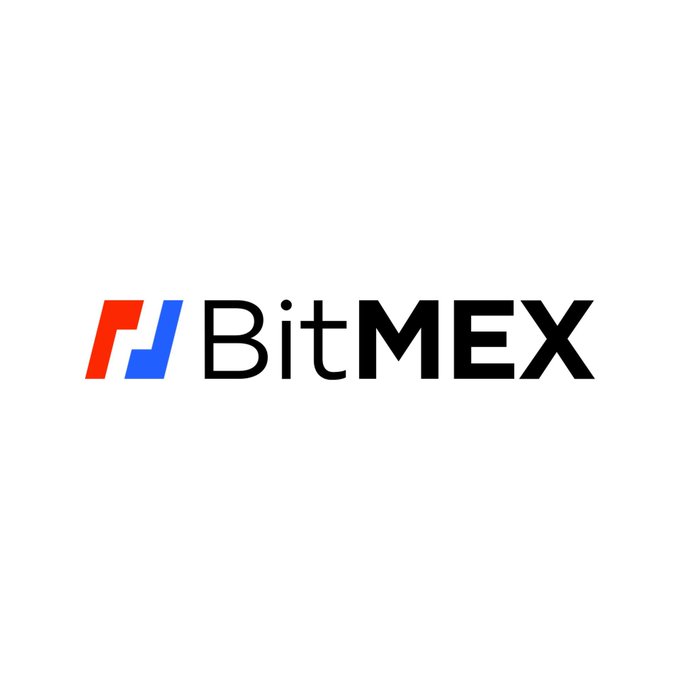 The BitMEX logo is displayed, featuring red and blue angled shapes next to the black text 'BitMEX' on a white background.