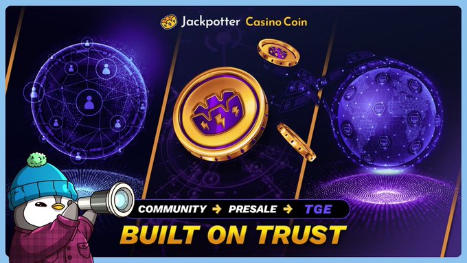 A promotional graphic for 'Jackpotter Casino Coin' featuring gold coins with the token logo, network nodes, and a cartoon penguin with a telescope, with text 'COMMUNITY → PRESALE → TGE' and 'BUILT ON TRUST'.