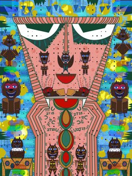 A vibrant folk art-style painting featuring a large stylized pink face with cat-like features, surrounded by smaller figures of cats and other characters in colorful patterns.
