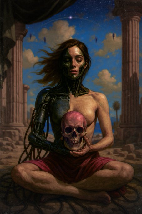 A surreal digital painting of a cyborg woman with half-human, half-machine features, sitting cross-legged in an ancient columned setting while holding a human skull in her hands.