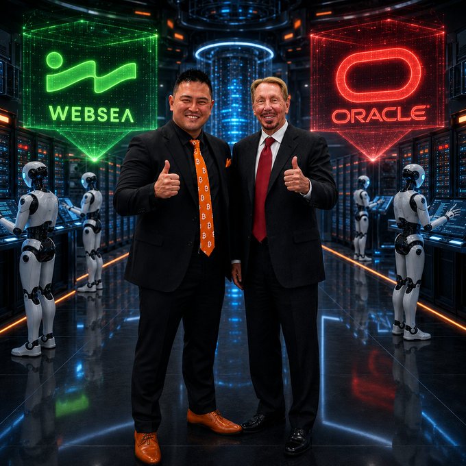 Two businessmen in suits give thumbs-up in a futuristic data center flanked by glowing "WEBSEA" (green) and "ORACLE" (red) neon signs, with humanoid robots working at server terminals in the background — visually celebrating Oracle's ($ORCL) listing on the Websea trading platform.