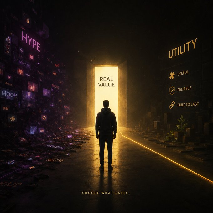 A conceptual digital artwork showing a person standing before a glowing doorway labeled 'REAL VALUE' between dark walls marked 'HYPE' and 'UTILITY' with the caption 'CHOOSE WHAT LASTS'.