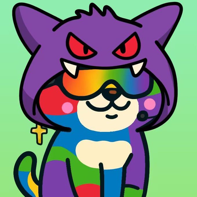A cartoon illustration of a character wearing a purple Gengar (Pokémon) hood with red eyes, sporting rainbow-colored hair, sunglasses, and a colorful body.