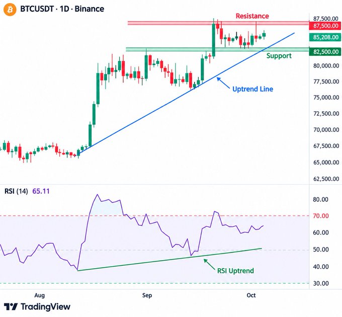 BTCUSDT daily chart on Binance showing price consolidating between resistance at $87,500 and support at $82,500, with an uptrend line and RSI(14) at 65.11 displaying an RSI uptrend.