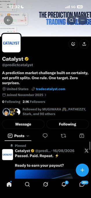 Twitter/X profile for 'Catalyst' (@predictcatalyst) with the bio 'A prediction market challenge built on certainty, not profit splits. One rule. One target. Zero surprises.' and a pinned post dated 16/08/2026.