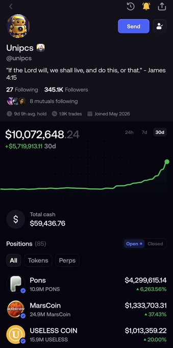 The image shows a trading portfolio screenshot for the account @unipcs, displaying a 30-day gain of +$5,719,913.11 with a total portfolio value of $10,072,648.24 and top holdings in Pons ($4.3M), MarsCoin ($1.3M), and USELESS COIN ($1.0M). This visualizes the post's celebration of @theunipcs being the first person to hold 8 figures (over $10 million) on FOMO, marking what the poster calls the start of a bull market.