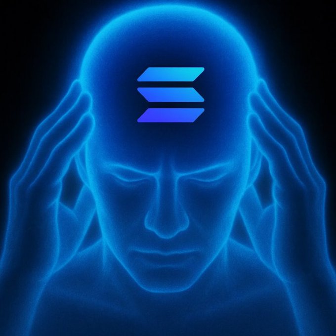 A blue-tinted digital illustration of a person holding their head with both hands, with the Solana (SOL) logo glowing on their forehead against a dark background.