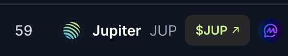 A cryptocurrency information bar displaying '59', the Jupiter logo, 'Jupiter JUP', a price tag '$JUP ↗', and a purple icon.