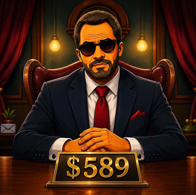 An illustrated image of a bearded man in a suit and sunglasses sitting at a desk with a gold nameplate displaying '$589'.