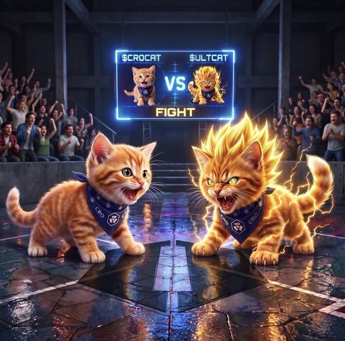 Two animated kittens face off in an arena under a "VS FIGHT" screen labeled "$CROCAT" and "$ULTCAT", with $ULTCAT depicted as glowing with electricity and yellow energy.